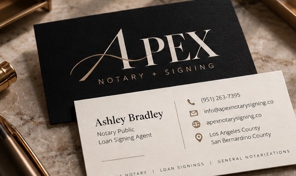Apex Notary business cards, black and cream
